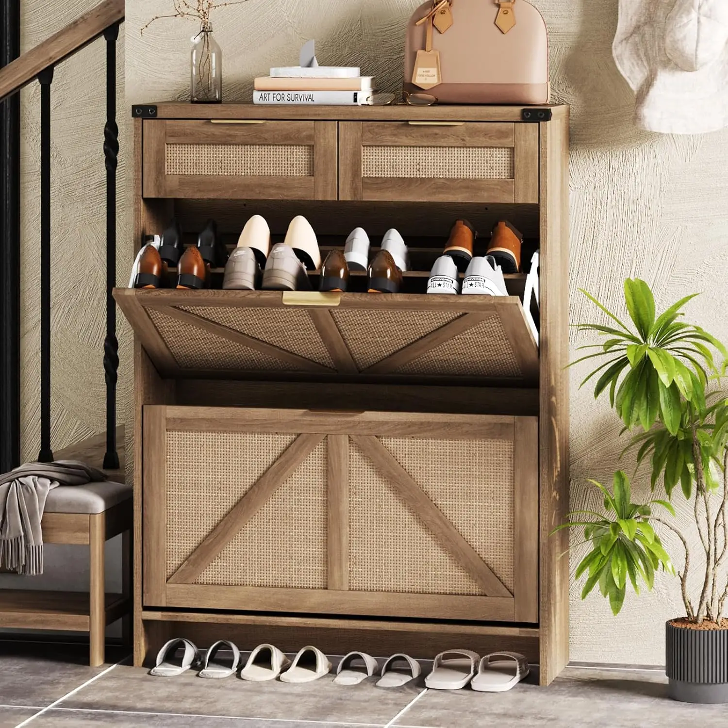 Shoe Rack Cabinet Narrow Entryway - Shoe Cabinet with 2 Flip Drawers