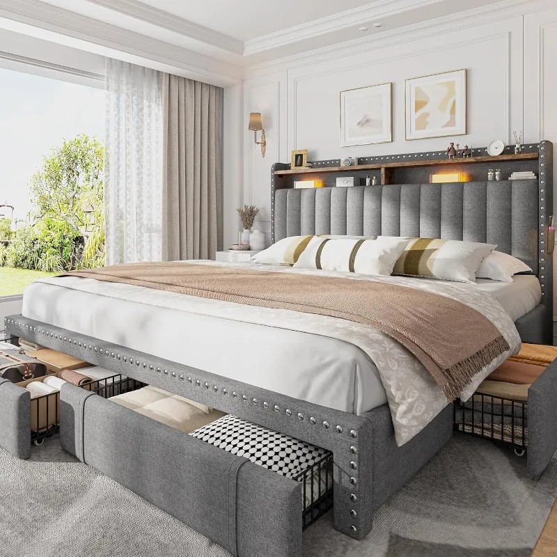 EnHomee Upholstered King Size  - King Size Bed Frame With Storage Drawers 评论和价格