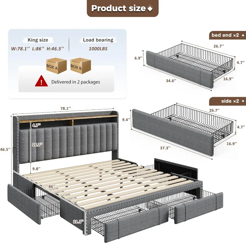 EnHomee Upholstered King Size  - King Size Bed Frame With Storage Drawers 评论和价格
