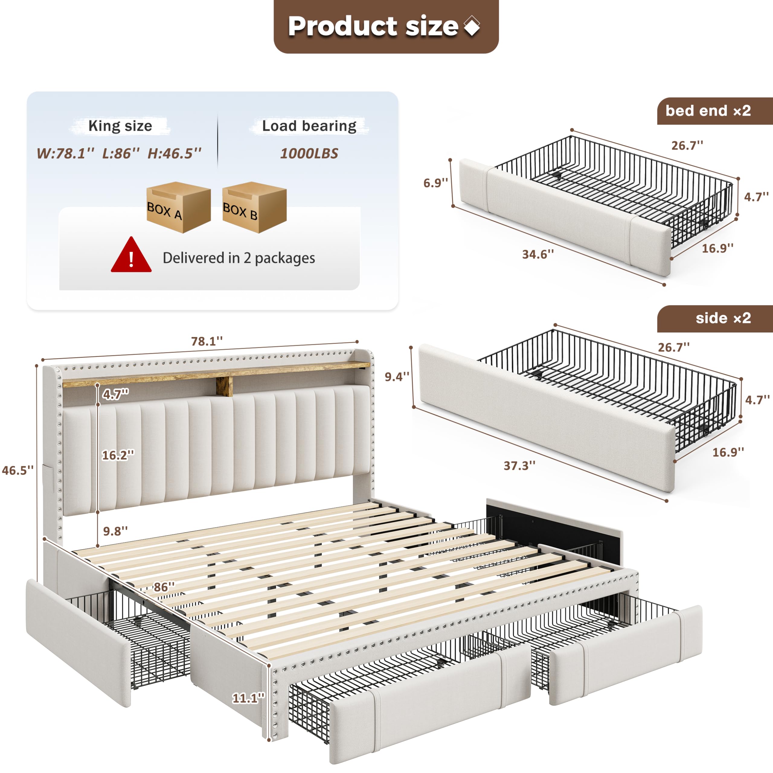 King Size Bed Frame with 4 Sto - King Size Bed Frame With Storage Drawers 评论和价格